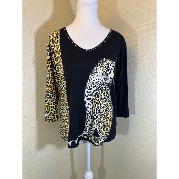 Valentina Womens Leopard Print 3/4 Sleeve Top - Wild Cat Fashion Size L - Picture 1 of 7